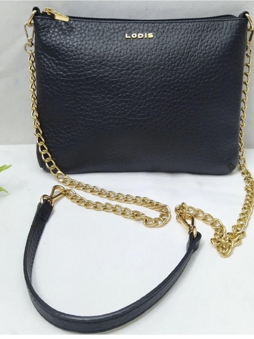 LODIS Black Pebbled Leather 2 Ways Chain Strap Zipper Clutch Crossbody Bag